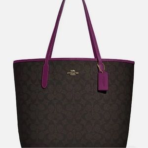 Coach Large City Tote Bown Signature Canvas Dark Magenta Leather